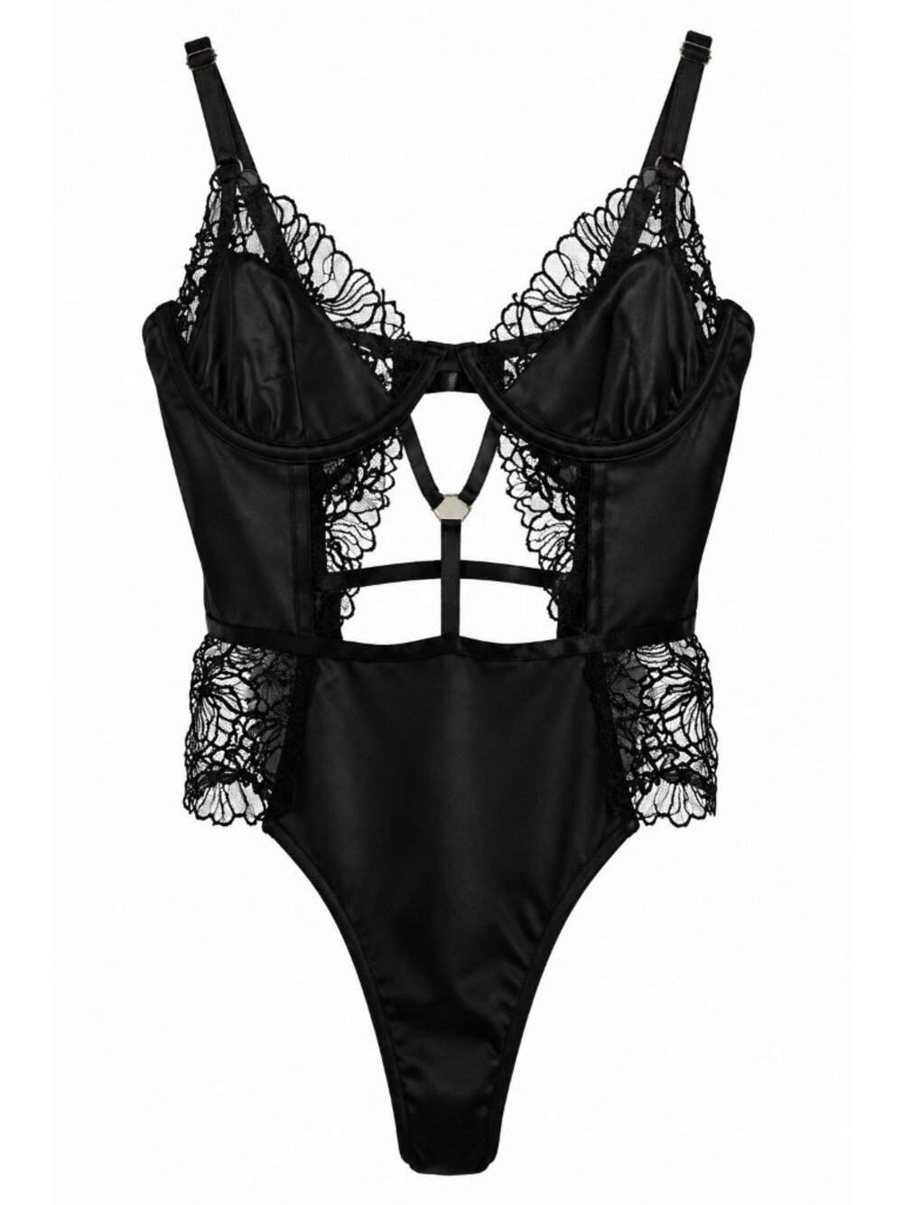 Hauty Thread Bare Teddy Floral Lace Bodysuit Sz XS Black Strappy Sleepwear
